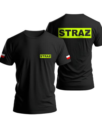 Koszulka 100% bawełna STRAŻ dla strażaka  z flagami Polski neonowy napis z folii FLEX