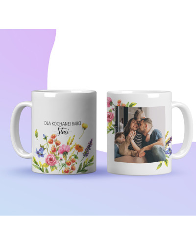 Kubek dla babci prezent  na dzień babci  w kwiaty ze zdjęciem i imieniem