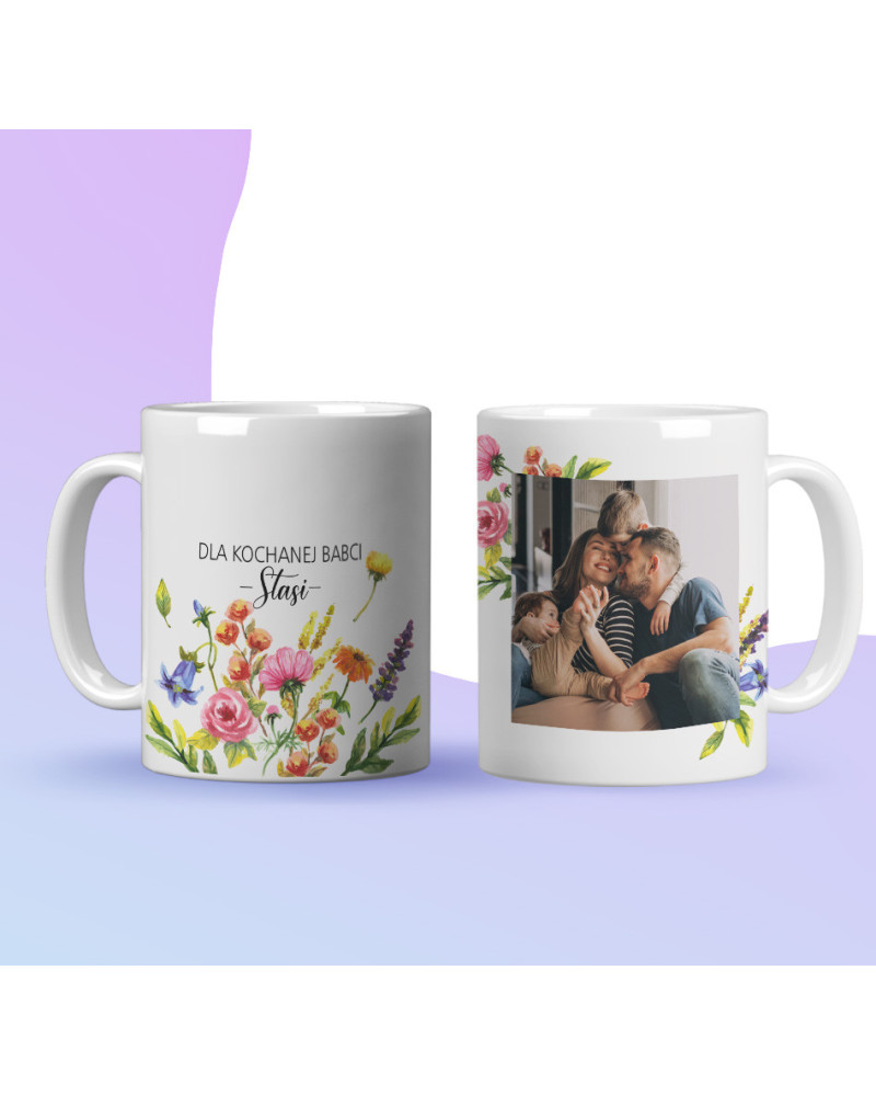 Kubek dla babci prezent  na dzień babci  w kwiaty ze zdjęciem i imieniem