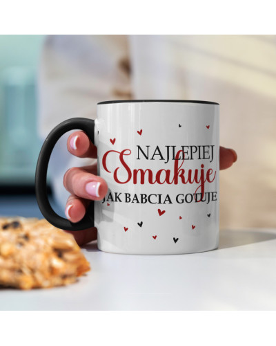 Kubek dla babci prezent  na dzień babci "Najlepiej smakuje jak babcia ugotuje" śmieszny kubek upominek