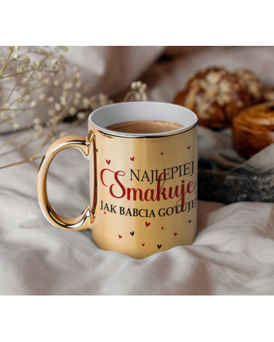 Kubek dla babci prezent  na dzień babci "Najlepiej smakuje jak babcia ugotuje" śmieszny kubek upominek