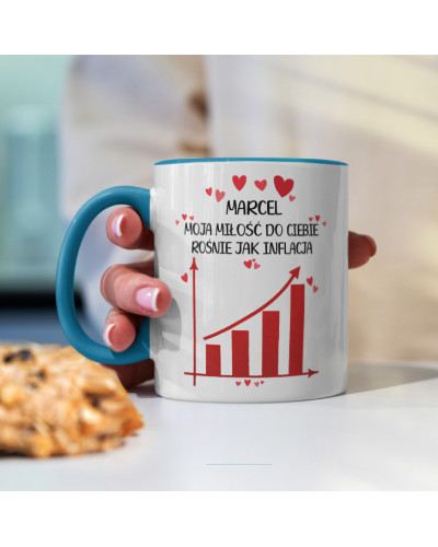 Kubek prezent na walentynki  dla dziewczyny dla chłopaka "IMIĘ + moja miłość do Ciebie rośnie jak inflacja"