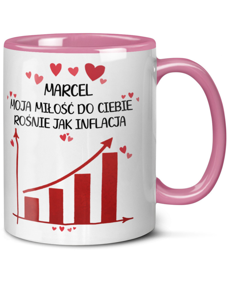 Kubek prezent na walentynki  dla dziewczyny dla chłopaka "IMIĘ + moja miłość do Ciebie rośnie jak inflacja"