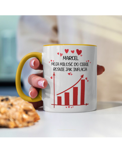 Kubek prezent na walentynki  dla dziewczyny dla chłopaka "IMIĘ + moja miłość do Ciebie rośnie jak inflacja"