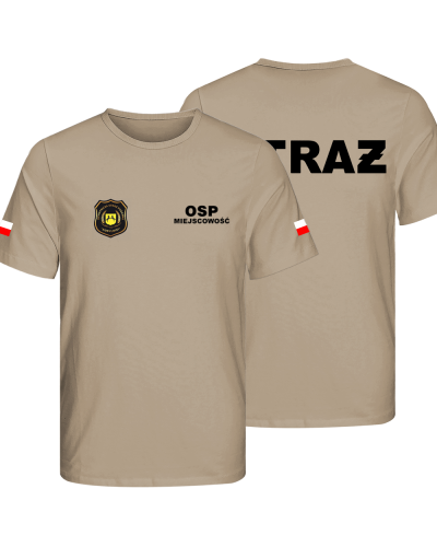 Koszulka OSP STRAŻ dla strażaka  z flagami Polski + MIEJSCOWOŚĆ + HERB