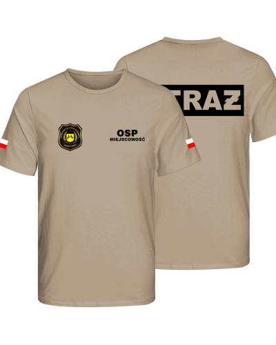 Koszulka PIASKOWA - OSP STRAŻ dla strażaka  z flagami Polski + MIEJSCOWOŚĆ + HERB